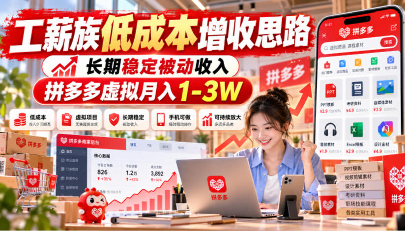 工薪族低成本增收思路，长期稳定被动收入，拼多多虚拟月入1-3W