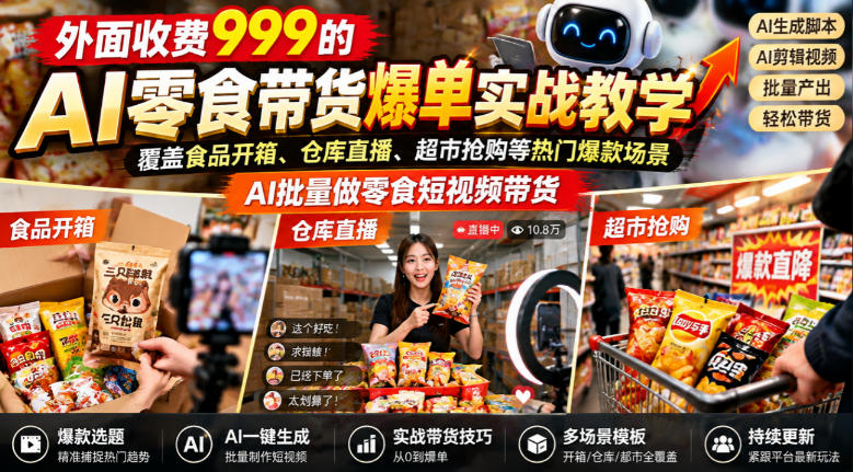 外面收费999的AI零食带货爆单实战教学，覆盖食品开箱、仓库直播、超市抢购等热门爆款场景，AI批量做零食短视频带货（更新1018）