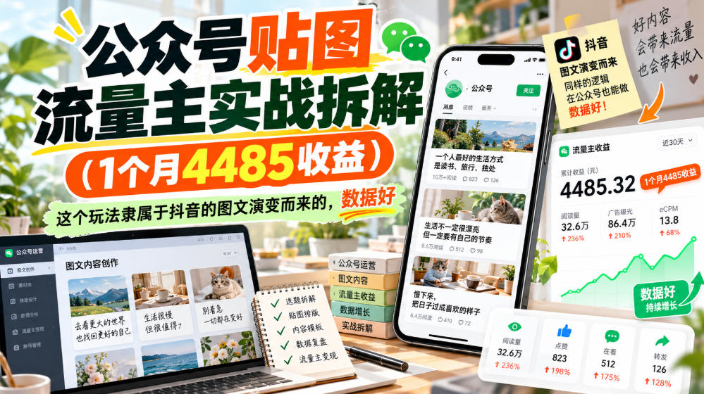 公众号贴图流量主实战拆解(1个月4485收益)，这个玩法隶属于抖音的图文演变而来的，数据好