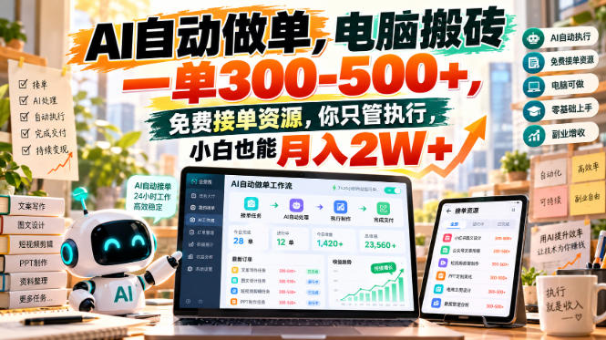 AI自动做单,电脑搬砖一单300-500+,免费接单资源,你只管执行,小白也能月入2W+