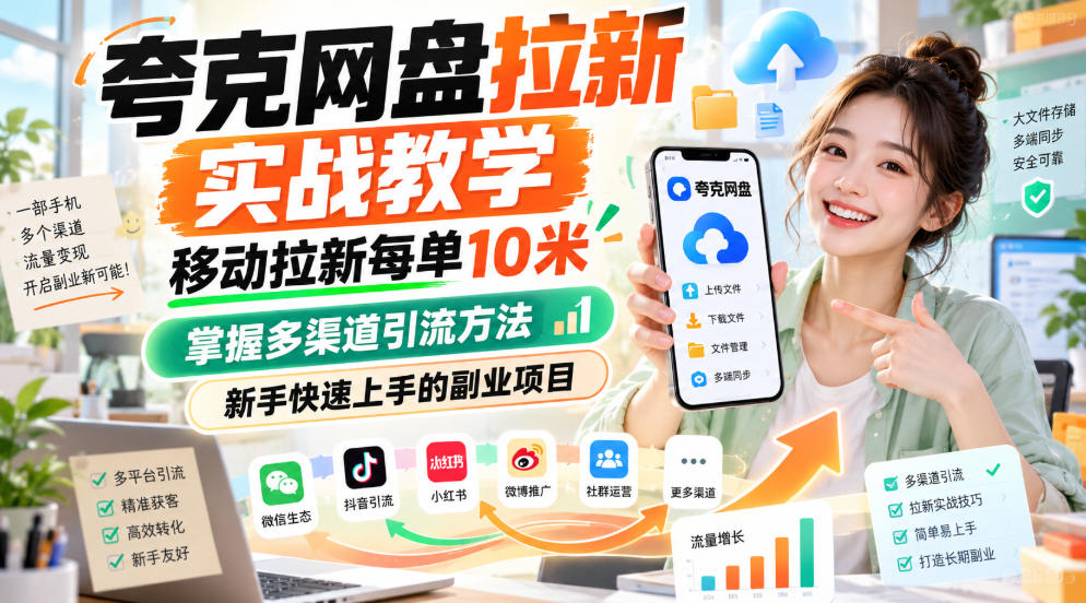 夸克网盘拉新实战教学,移动拉新每单10米,掌握多渠道引流方法,新手快速上手的副业项目(更新1022)