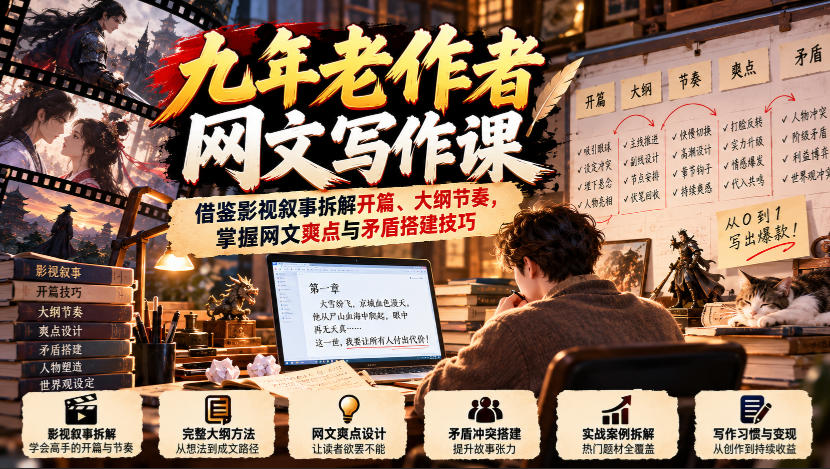 九年老作者网文写作课：借鉴影视叙事拆解开篇、大纲节奏，掌握网文爽点与矛盾搭建技巧