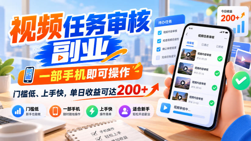 视频任务审核副业,一部手机即可操作,门槛低、上手快,单日收益可达200+