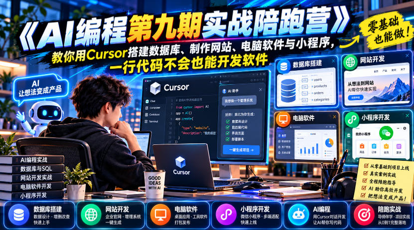 【无水印】《AI编程第九期实战陪跑营》教你用Cursor搭建数据库、制作网站、电脑软件与小程序,一行代码不会也能开发软件