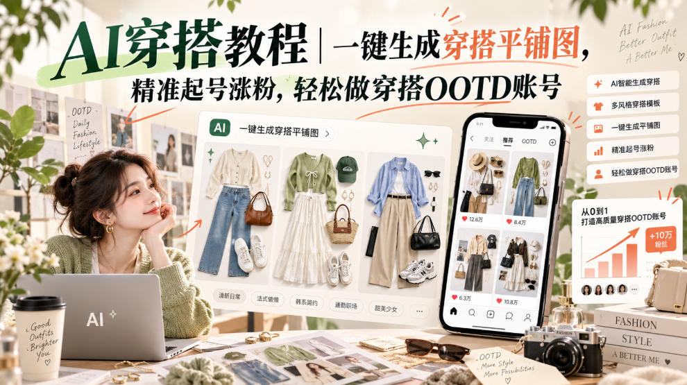 AI穿搭教程|一键生成穿搭平铺图,精准起号涨粉,轻松做穿搭OOTD账号