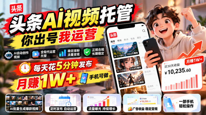 头条AI视频托管,你出号我运营,每天花5分钟发布,月賺1W+,手机可做
