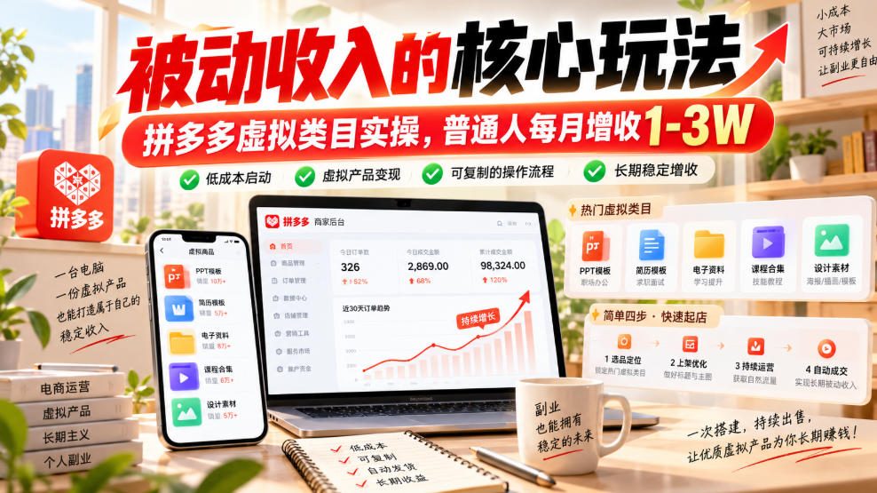 被动收入的核心玩法,拼多多虚拟类目实操,普通人每月增收1-3W