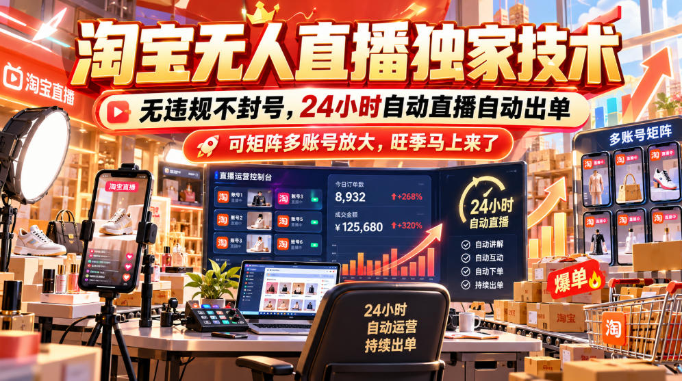 淘宝无人直播独家技术,无违规不封号,24小时自动直播自动出单,可矩阵多账号放大,旺季马上来了