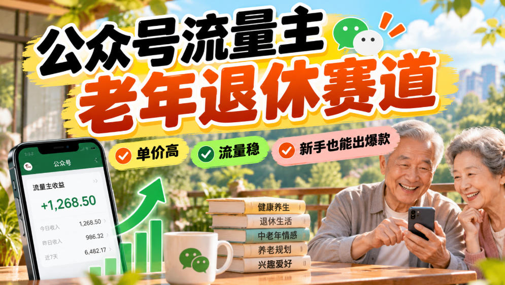 公众号流量主老年退休赛道，单价高，流量稳，新手也能出爆款