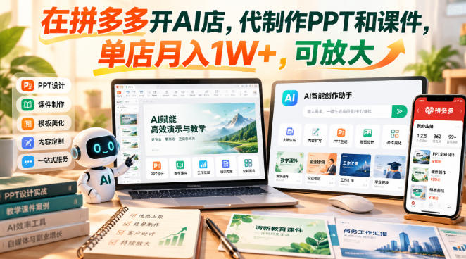 在拼多多开AI店，代制作PPT和课件，单店月入1W+，可放大