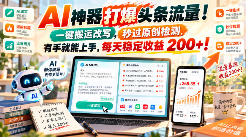AI神器打爆头条流量,一键搬运改写,秒过原创检测,有手就能上手,每天稳定收益200+