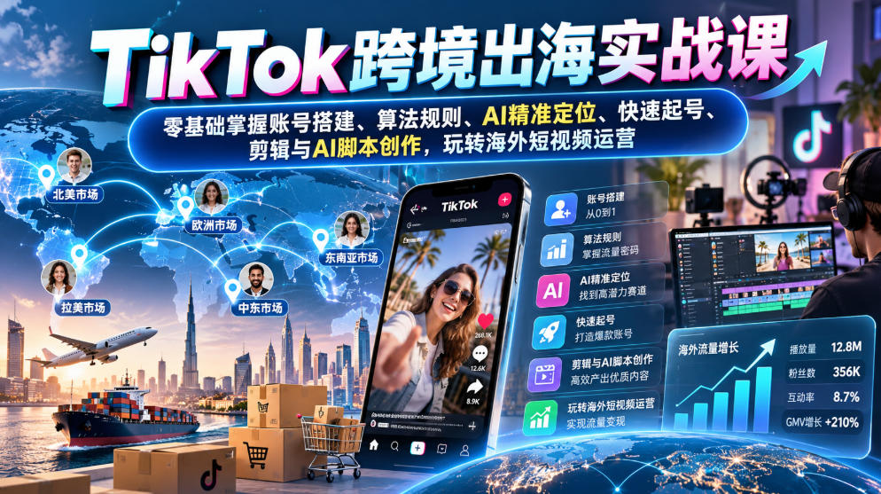 TikTok跨境出海实战课:零基础掌握账号搭建、算法规则、AI精准定位、快速起号、剪辑与AI脚本创作,玩转海外短视频运营(更新1030)